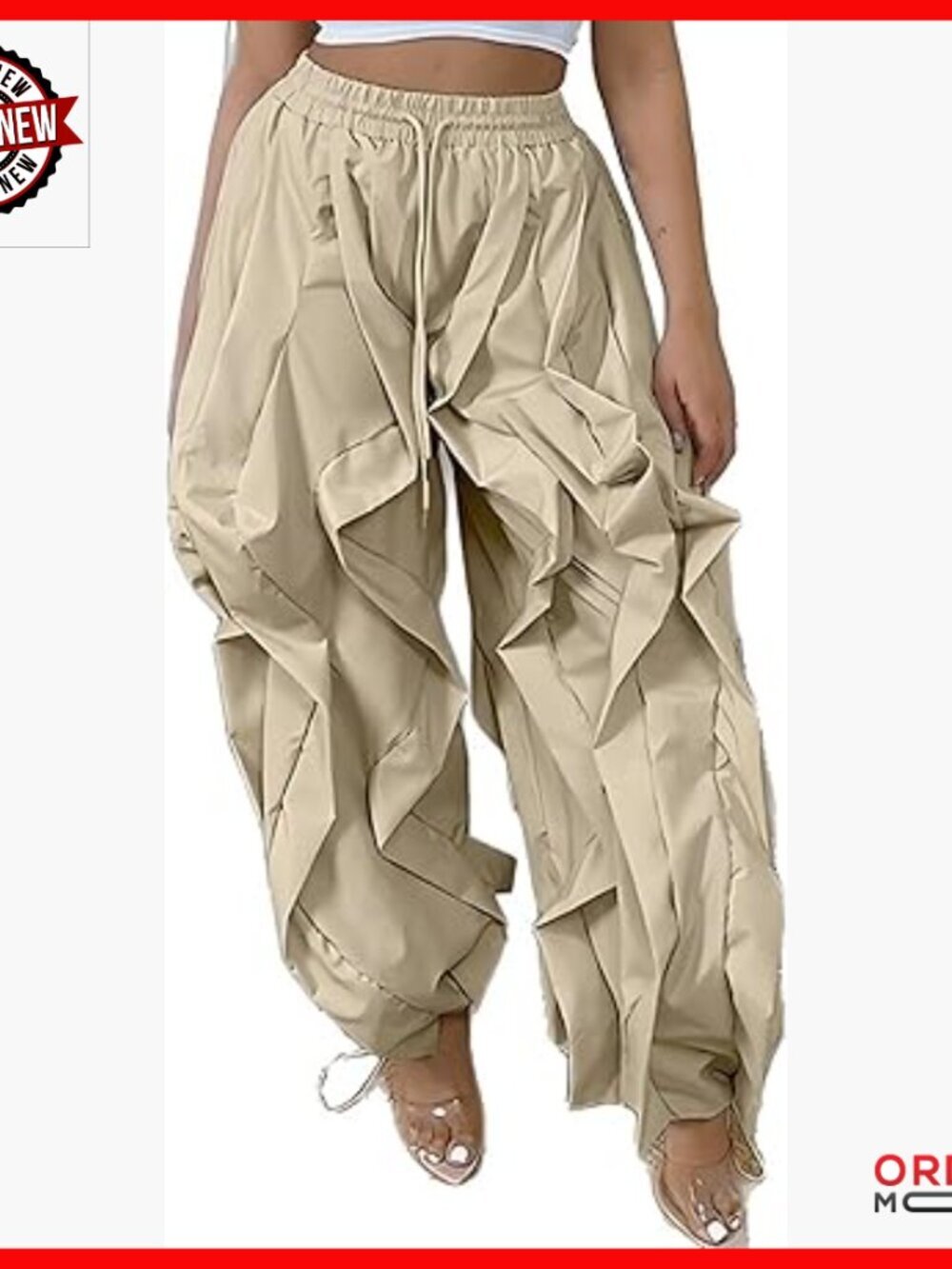 High Waisted Baggy Cargo Pants, Drawstring Wide Leg Parachute Trousers